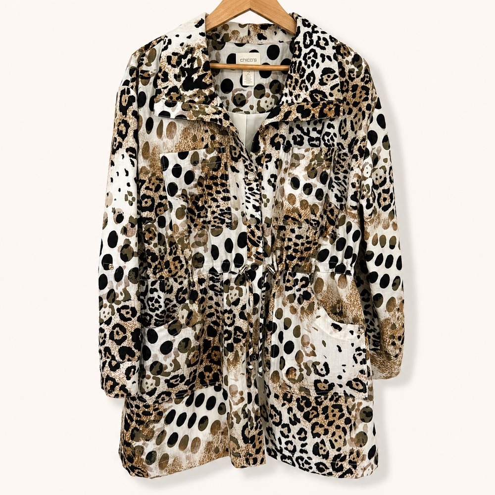 Chico's Women 2P Large Jacket Leopard Polka Dot Animal Print Drawstring Utility